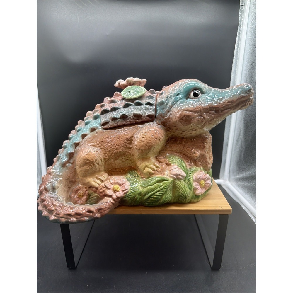 Vintage Alligator Cookie Jar Unique Flowers Colorful
